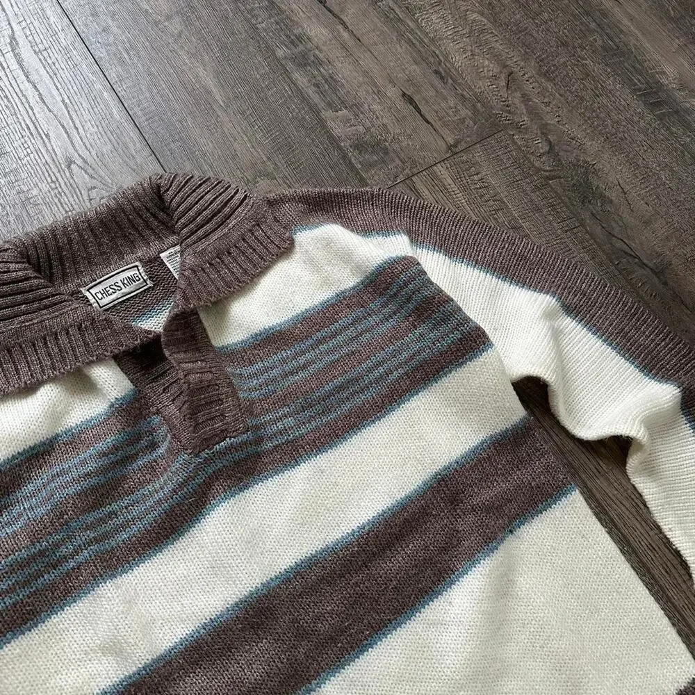 Vintage 70s Striped Collar Rugby Preppy Knit Sweater Longsleeve Pullover - Picture 6 of 7